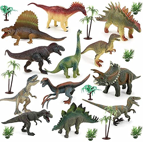 Juego de juguetes de dinosaurios, 24 piezas, figuras de animales Jurásico Dino World con actividad alfombra de juego y árboles, juego de dinosaurio realista para niños y niñas a partir de 2 – 6 años