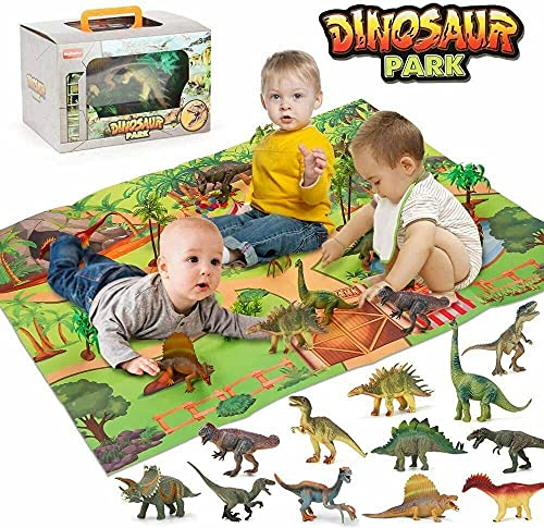 Juego de juguetes de dinosaurios, 24 piezas, figuras de animales Jurásico Dino World con actividad alfombra de juego y árboles, juego de dinosaurio realista para niños y niñas a partir de 2 – 6 años