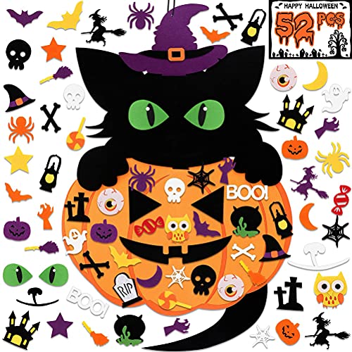 Juego de manualidades de fieltro, 52 unidades, Halloween, calabaza, gato, bruja, adhesivo de fieltro para decoración de Halloween