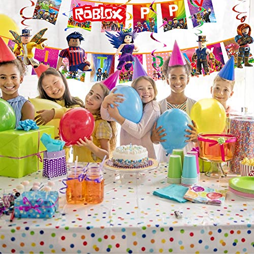 Juego temático Party Supplies Roblox Favor de fiesta Roblox Colgando remolinos Decoraciones Feliz Bithday Banner Giratorios Glitter Foil Techo Streamers Gamer Cumpleaños Decoración