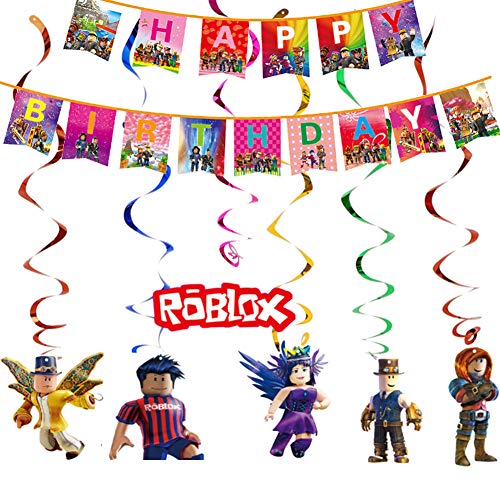 Juego temático Party Supplies Roblox Favor de fiesta Roblox Colgando remolinos Decoraciones Feliz Bithday Banner Giratorios Glitter Foil Techo Streamers Gamer Cumpleaños Decoración