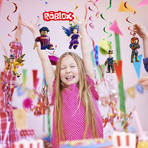 Juego temático Party Supplies Roblox Favor de fiesta Roblox Colgando remolinos Decoraciones Feliz Bithday Banner Giratorios Glitter Foil Techo Streamers Gamer Cumpleaños Decoración