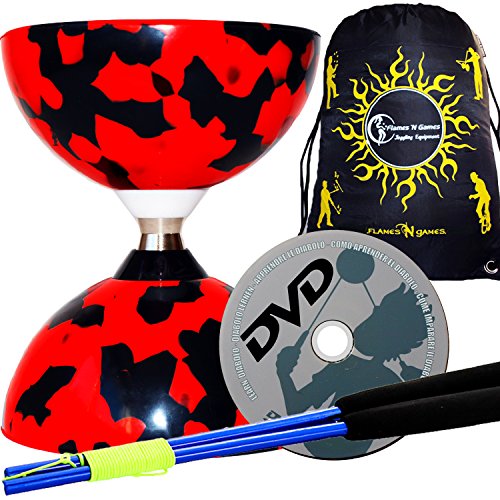 Juggle Dream Jester Diabolo con Rodamiente de Bolas Pro Conjunto + Palos de Aluminio, Cuerda, Trucos de Diabolo DVD + Diabolos Bolsa de Viajo (Negro/Rojo + Palos Azules)