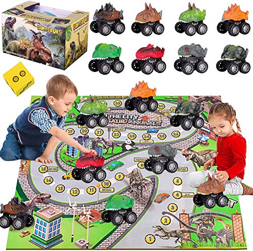 Juguete de dinosaurios con alfombrilla de juego, ecológico, seguro para crear un mundo jurásico para niños y niñas de 2 a 7 años (coche de dinosaurios con alfombra de juego)