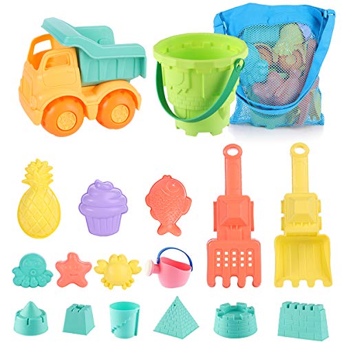 Juguetes de Playa para niños, Niños Material Plastico Juguetes Arena y Arena para niños con Camion Bucket Castle Moldes y Bolsa de Malla Material plastico Blando