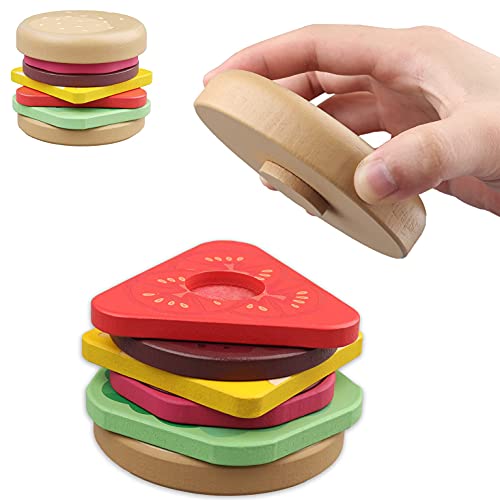 Junyobee Stapel Hamburger - Juguete de madera Montessori, juego de motricidad apilable, juguete sensorial, juguete para bebés para niños a partir de 6, 9 y 12 meses, 1 año, torre apilable