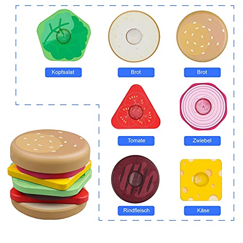 Junyobee Stapel Hamburger - Juguete de madera Montessori, juego de motricidad apilable, juguete sensorial, juguete para bebés para niños a partir de 6, 9 y 12 meses, 1 año, torre apilable