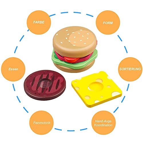 Junyobee Stapel Hamburger - Juguete de madera Montessori, juego de motricidad apilable, juguete sensorial, juguete para bebés para niños a partir de 6, 9 y 12 meses, 1 año, torre apilable