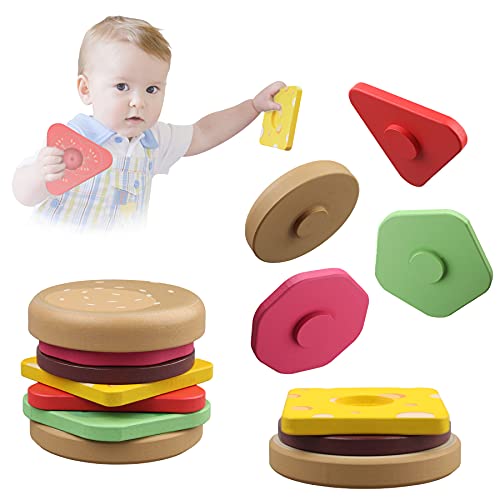 Junyobee Stapel Hamburger - Juguete de madera Montessori, juego de motricidad apilable, juguete sensorial, juguete para bebés para niños a partir de 6, 9 y 12 meses, 1 año, torre apilable