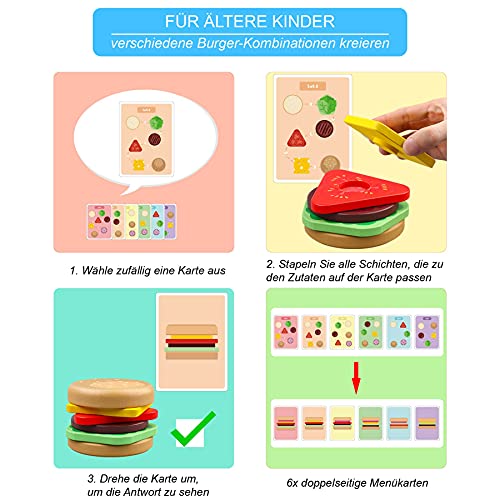 Junyobee Stapel Hamburger - Juguete de madera Montessori, juego de motricidad apilable, juguete sensorial, juguete para bebés para niños a partir de 6, 9 y 12 meses, 1 año, torre apilable