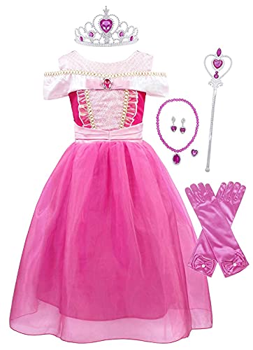 Jurebecia Vestido de Princesa Aurora Disfraces De Niñas Traje Fiesta De Cumpleaños De Halloween Carnaval Cosplay Party Dress up Disfraces con Accesorios Set Rosa 9-10 Años G013