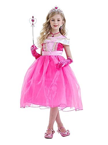 Jurebecia Vestido de Princesa Aurora Disfraces De Niñas Traje Fiesta De Cumpleaños De Halloween Carnaval Cosplay Party Dress up Disfraces con Accesorios Set Rosa 9-10 Años G013