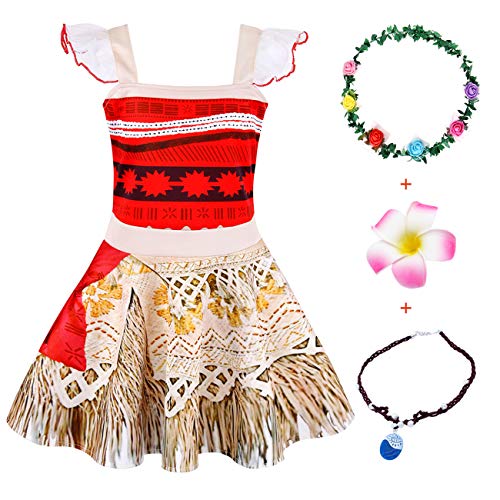 Jurebecia Vestido Moana para niños Conjuntos de Aventura Conjunto para niñas Vestidos de Princesa y Diademas Adjuntas Ropa para niños con Tiras y Collar Impreso Fiesta de cumpleaños de Halloween