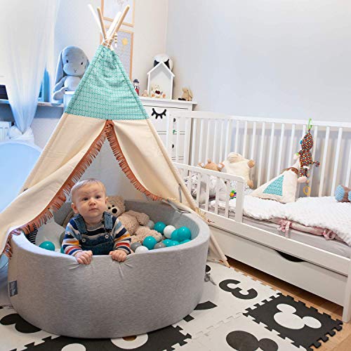 KiddyMoon 90X30cm/200 Bolas ∅ 7Cm Piscina De Bolas para Ninos Hecha En La UE, Gris Estrellas: Gris/Blanco/Turquesa