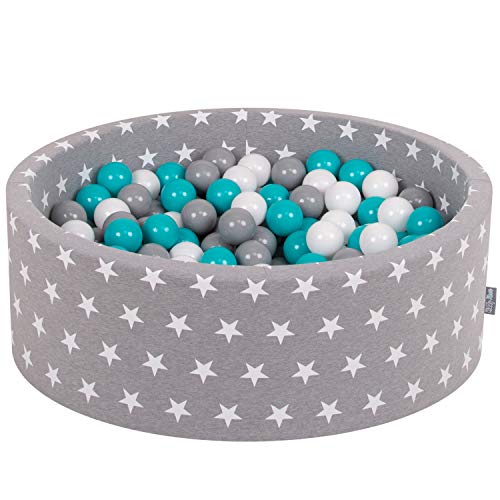 KiddyMoon 90X30cm/200 Bolas ∅ 7Cm Piscina De Bolas para Ninos Hecha En La UE, Gris Estrellas: Gris/Blanco/Turquesa