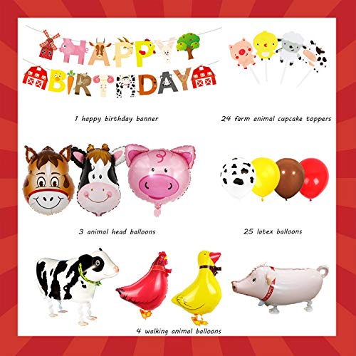 Kit de decoración de cumpleaños de animales de granja globos de granja de granja de feliz cumpleaños para magdalenas de Barnyard 1st 2nd 3rd Birthday Party