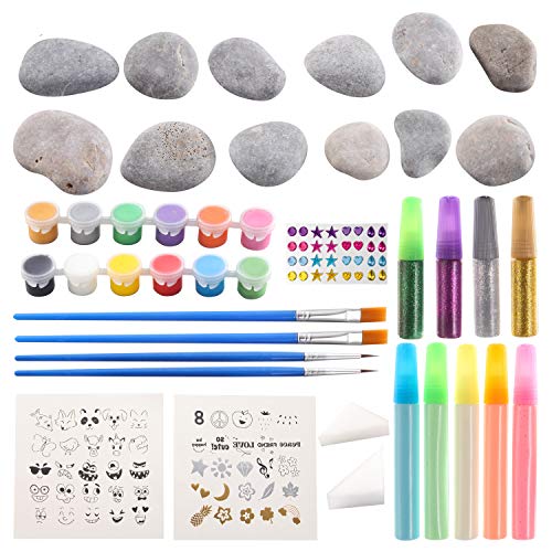 Kit de suministros de bricolaje con 12 pinturas de rocas creativas para manualidades con 18 pinturas Decora la tuya propia para niños, regalos de pintura, actividad familiar, regalo de cumpleaños