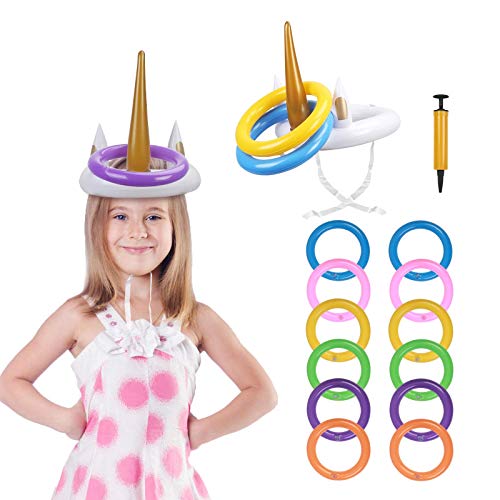 Kit de Unicornio para Niños PATAZOK 2 Juego de Lanzamiento de Anillos de Unicornio Inflable/Juguetes para Piscina/Jardín/Fiesta con 12 Anillos y 1 Bomba de Aire para Fiesta de Verano/Cumpleaños/Boda