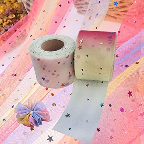 KLOVA 25 Yardas 6 cm Color Degradado Luna y Estrella Rollo de Tul de Lentejuelas iridiscentes DIY Falda de Mesa Rollo de Tul Colorido Arcos de Boda DIY