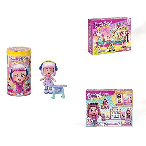 KOOKYLOOS - Muñeca Sorpresa + KOOKYLOOS Fashion Challenge – Vestidor con Espejo y muñeca Exclusiva + KOOKYLOOS Mistery Menu – Carrito de Batidos y muñeca Exclusiva