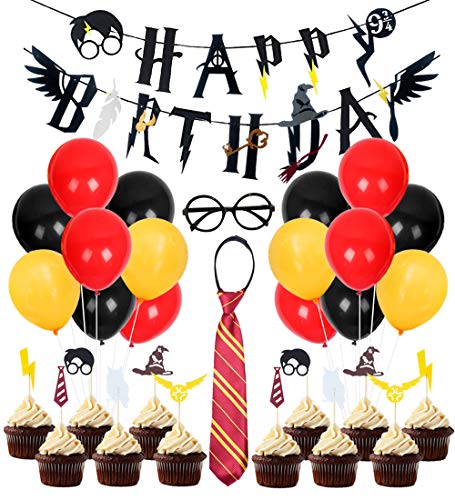 Kreatwow Decoración de cumpleaños de Wizard Party Supplies Fiesta de cumpleaños de Wizard Happy Birthday Banner Gafas Cupcake Toppers para Baby Shower