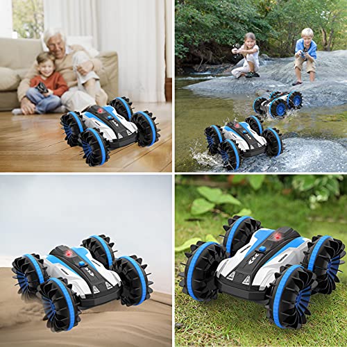 Kriogor Coche de Control Remoto, 2.4Ghz 4WD Impermeable RC Stunt Car con Control Remoto Rotación de 360 ° Anfibio Offroad Vehículo Electrónico Interior al Aire Libre, Regalos para Niños