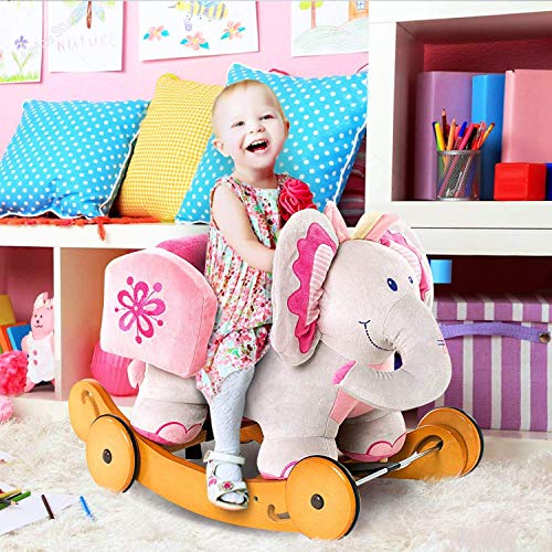 Labebe Caballito Balancin Bebé De Elefante Rosado, Caballito Madera con Ruedas De 2 In 1 para Niño De 1-3 Años, Caballito Balancin Bebé Niña/Silla Balancin Bebé/Caballito Balancin Rosa/Caballito Niño