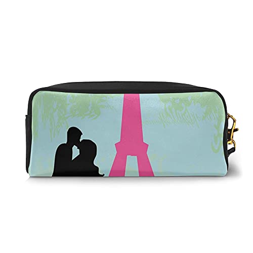 Large Capacity Pencil Case,Couple In Paris Kissing Near The Eiffel Tower Love Valentines Day Hand Drawn,PU Leather Lightweight Waterproof Cosmetic Bags Pouch