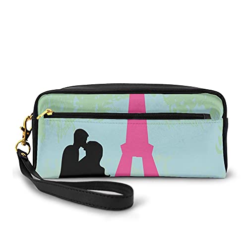 Large Capacity Pencil Case,Couple In Paris Kissing Near The Eiffel Tower Love Valentines Day Hand Drawn,PU Leather Lightweight Waterproof Cosmetic Bags Pouch