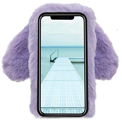 LCHDA Rabbit Funda para iPhone X,Conejo Piel Conejito Oído Caso para Muchachas Linda Invierno Cálido Suave Peludo Bola Mullida Piel Pelo Felpa Protectora TPU Bumper Funda para iPhone XS-Púrpura