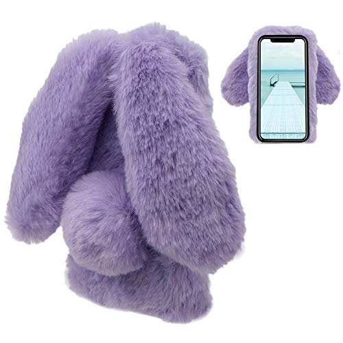 LCHDA Rabbit Funda para iPhone X,Conejo Piel Conejito Oído Caso para Muchachas Linda Invierno Cálido Suave Peludo Bola Mullida Piel Pelo Felpa Protectora TPU Bumper Funda para iPhone XS-Púrpura