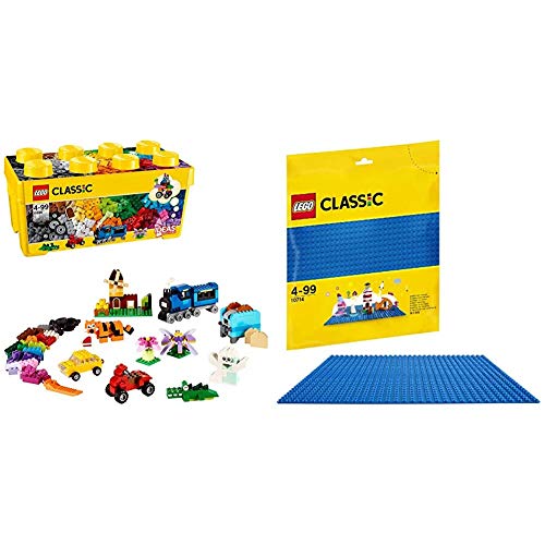 LEGO Classic - Caja de Ladrillos Creativos, Set de Construcción con Ladrillos de Colores (10696) + Base Azul de Juguete de Construcción de 25 cm de Lado para Juegos Creativos y Educativos