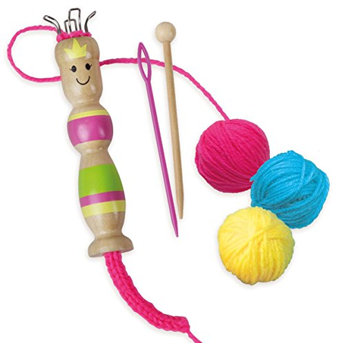 Lena Manualidades Completo con Liesel y Gancho Madera, Aguja Hilo en 3 Colores de 15 m, Juego de Punto para niños a Partir de 6 años, Set básico para Aprender a Tejer. (SIMM Spielwaren 42375)