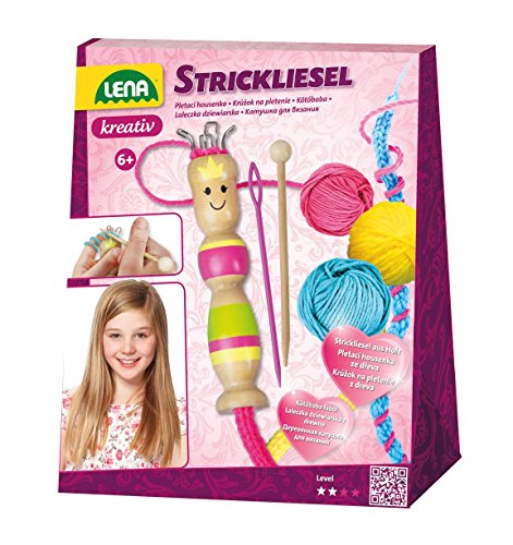 Lena Manualidades Completo con Liesel y Gancho Madera, Aguja Hilo en 3 Colores de 15 m, Juego de Punto para niños a Partir de 6 años, Set básico para Aprender a Tejer. (SIMM Spielwaren 42375)