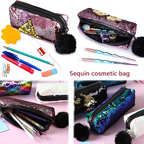 Lentejuelas Bolso de Cosméticos, BETOY 2 pcs Bolso De Lentejuelas Color Doble Sirena Espiral Reversibles Estuche Escolar Moda Bolso para Niñas y Mujeres Rosa Verde