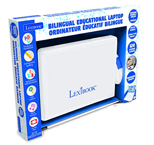 LEXIBOOK- Portátil Educativo y bilingüe francés/inglés – Juguete para niños con 124 Actividades para Aprender matemáticas, dactilografía, lógica, Lectura de Reloj, Juegos y música