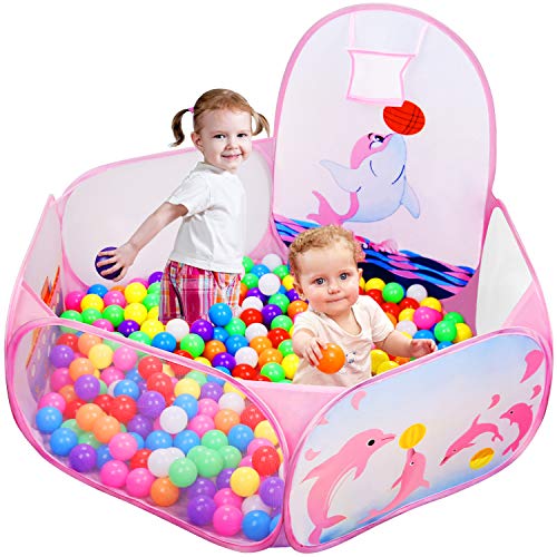 Likorlove Piscinas de Bolas ,Children's Ball Pad, Pop Up Baby Ball Bath, Tiendas de Campaña para Niños con Aro de Baloncesto,Ball Pit Play Pool for Indoor and Outdoor Fence Preschool Toys 120cm Pink