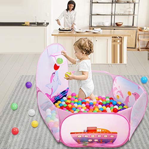 Likorlove Piscinas de Bolas ,Children's Ball Pad, Pop Up Baby Ball Bath, Tiendas de Campaña para Niños con Aro de Baloncesto,Ball Pit Play Pool for Indoor and Outdoor Fence Preschool Toys 120cm Pink