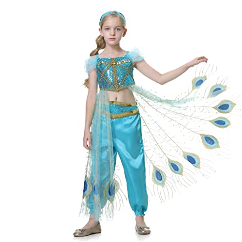 Lito Angels Disfraz Vestido de Princesa Jazmin para Niñas, Conjunto Top con Capa Tren de Pavo Real y Pantalones, Talla 6 a 7 años, Estilo G