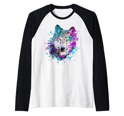 Lobo Animal Artístico Perro Pintura Acuarela Wolf Watercolor Camiseta Manga Raglan