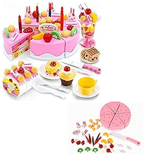 Locisne Niñas Niños 75Pcs DIY Corte de Pastel de Cumpleaños Postre Pretenda Jugar Juego de Alimentos Juguetes con Velas para Niños Regalo de cumpleaños de las niñas (pastel rosado)