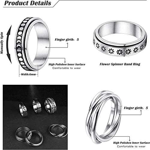 LOLIAS 6 Piezas Acero Inoxidable Anillo Giratorio Mujer Hombre Fidget Band Anillos Ansiedad Geniales para Aliviar Estrés Ansiedad Flores Luna Anillos Giratorio Estrella