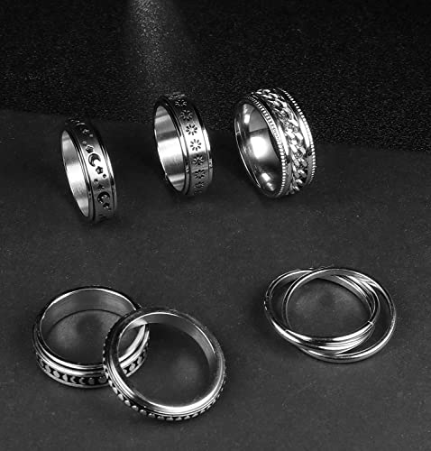 LOLIAS 6 Piezas Acero Inoxidable Anillo Giratorio Mujer Hombre Fidget Band Anillos Ansiedad Geniales para Aliviar Estrés Ansiedad Flores Luna Anillos Giratorio Estrella