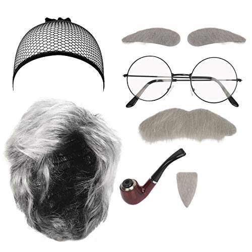 LOPOTIN 5pcs Peluca Abuelo Accesorio Disfraz Abuelo Gafas Viejas sin Grados Abuelo Bigote Pipa Holmes Retro para Disfrazar Abuelito en Carnival Obra Teatral Moderno Escenario Fiestas Vintage