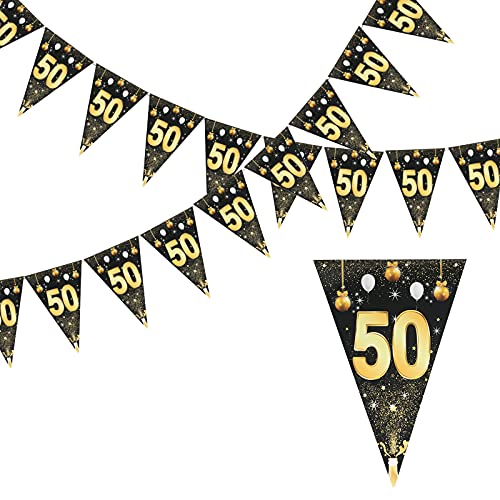 LOPOTIN 8m Banderines cumpleaños Negro Pancarta Cumpleaños Dorada Decoración de Cumpleaños Oro Negro Bandera Fondo para Celebración Aniversario Fiesta de 50 Años 24pcs Pancarta Adorno Pared Jardín.