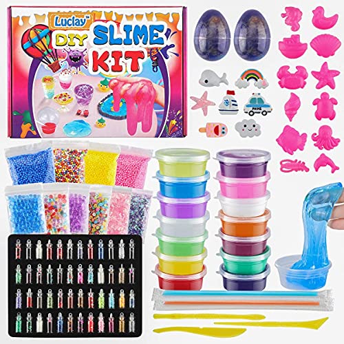 Luclay Juego de Slime para Hacer tú Mismo con Cristales Transparentes, Huevos Blancos, jarrones de Purpurina, Estrellas, Bolas de Espuma Coloridas, contenedores para niños de 6 a 12 años