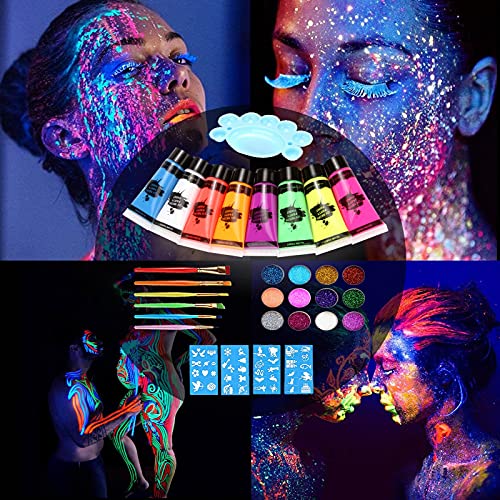 Luz ultravioleta de 10 ml de color negro para el cuerpo, maquillaje infantil, maquillaje con purpurina, colores fluorescentes en set de maquillaje para Carnaval brillante efecto fluorescente