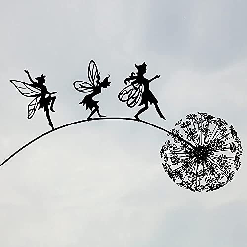 Magic Fairy Wire Estatua de hadas de jardín y elfos, escultura mitológica bailando diente de león, figura de jardín de metal, estatua en miniatura para jardín de hadas, decoración de jardín