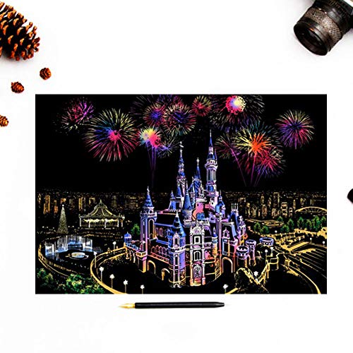 Magic Scratch Rainbow Art Paper Nightscape Dream Castle Patrón DIY Tablero De Pintura Bloc De Notas con la Herramienta Stylus De Madera Niños Estudiantes Adultos