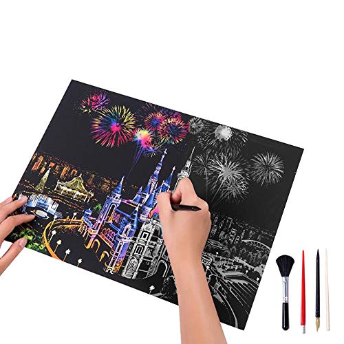 Magic Scratch Rainbow Art Paper Nightscape Dream Castle Patrón DIY Tablero De Pintura Bloc De Notas con la Herramienta Stylus De Madera Niños Estudiantes Adultos